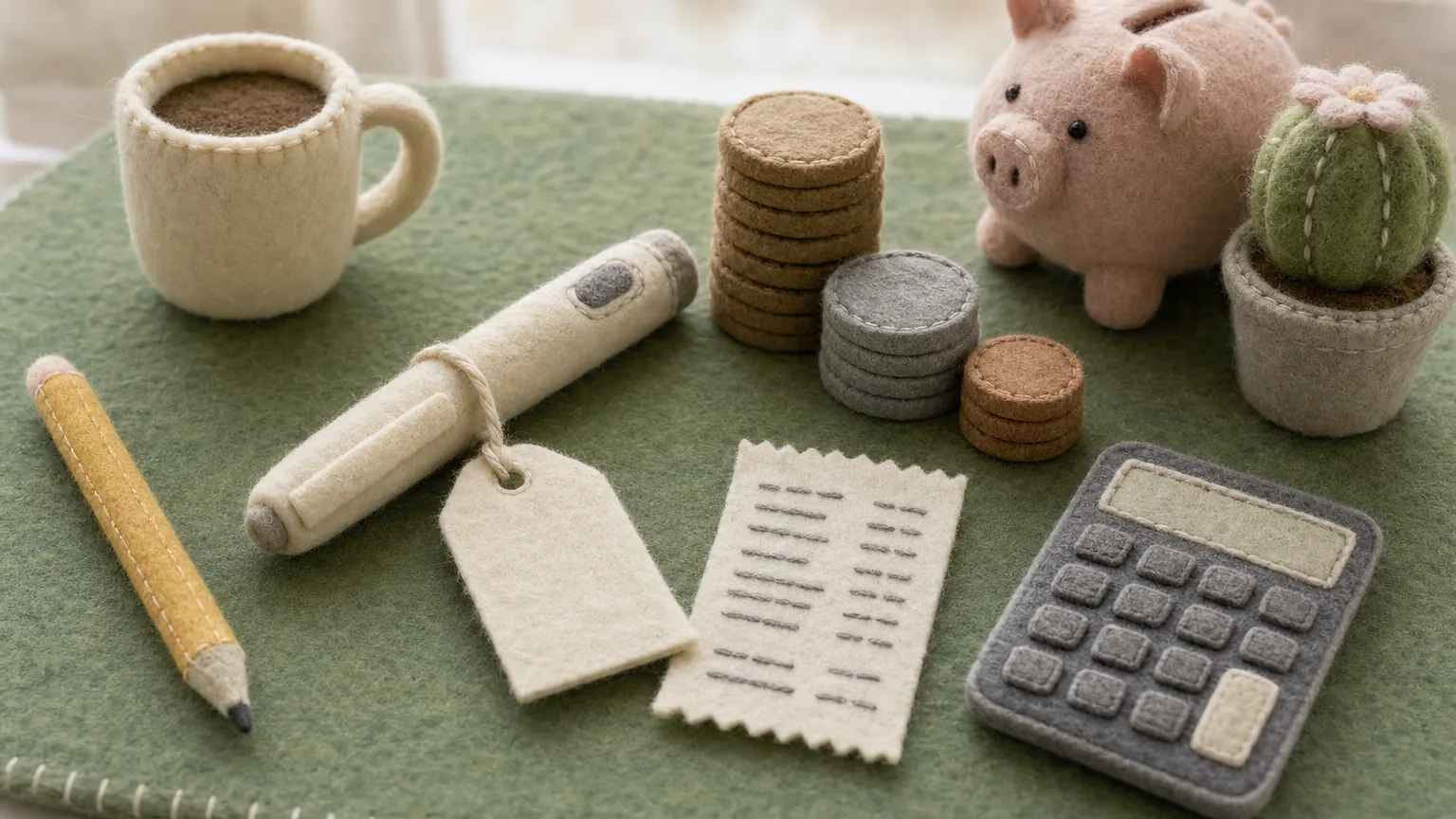 A felt injection pen beside coins, a receipt, a calculator and a small piggy bank.