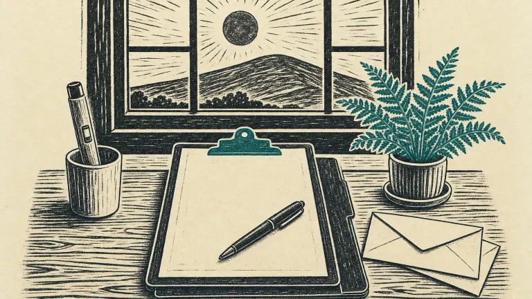 Linocut of a clipboard with a blank form, a folder, a capped pen in a cup and a pharmacy sign