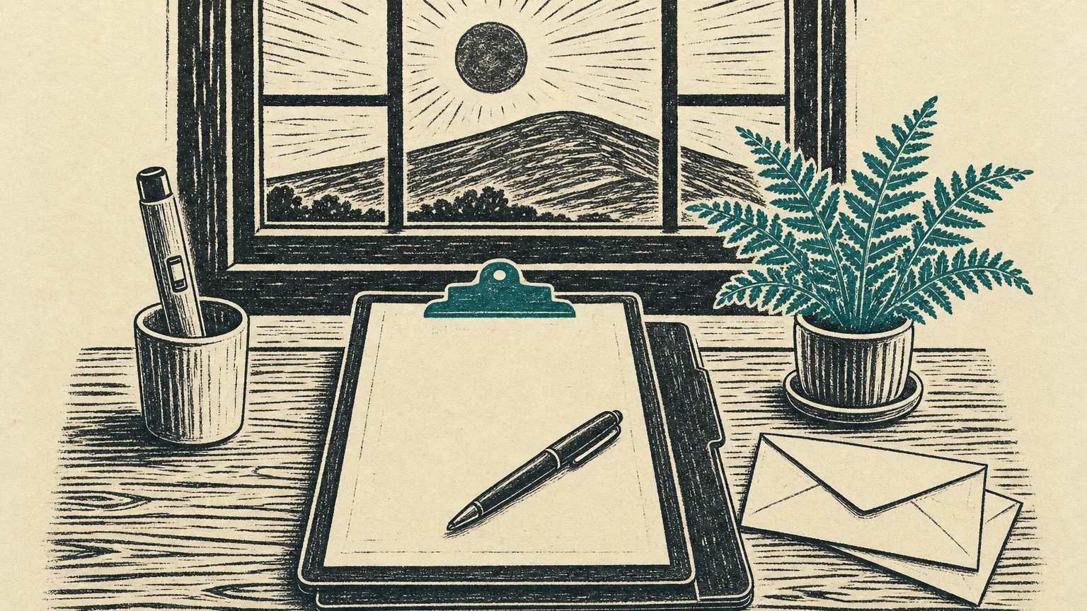 Linocut of a clipboard with a blank form, a folder, a capped pen in a cup and a pharmacy sign