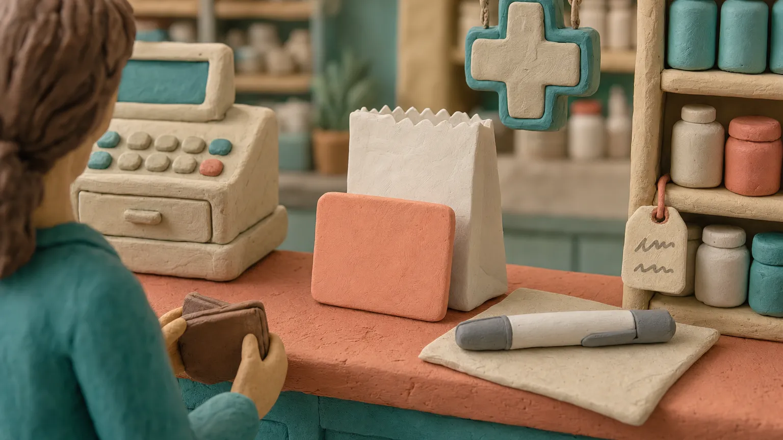 Clay miniature pharmacy counter with a blank savings card, paper bag, pen and cash register