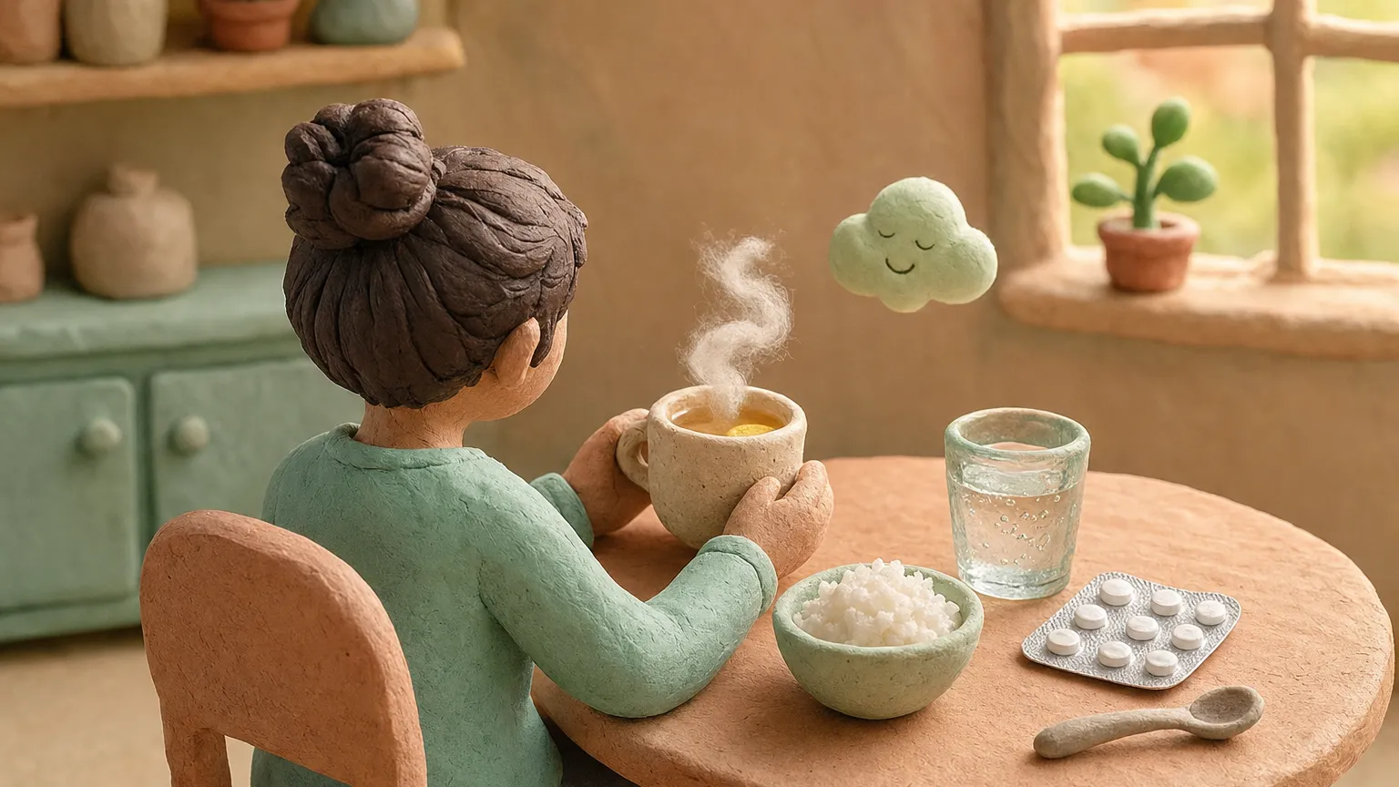 Clay miniature of a figure at a kitchen table with ginger tea, rice, water and a small green puff