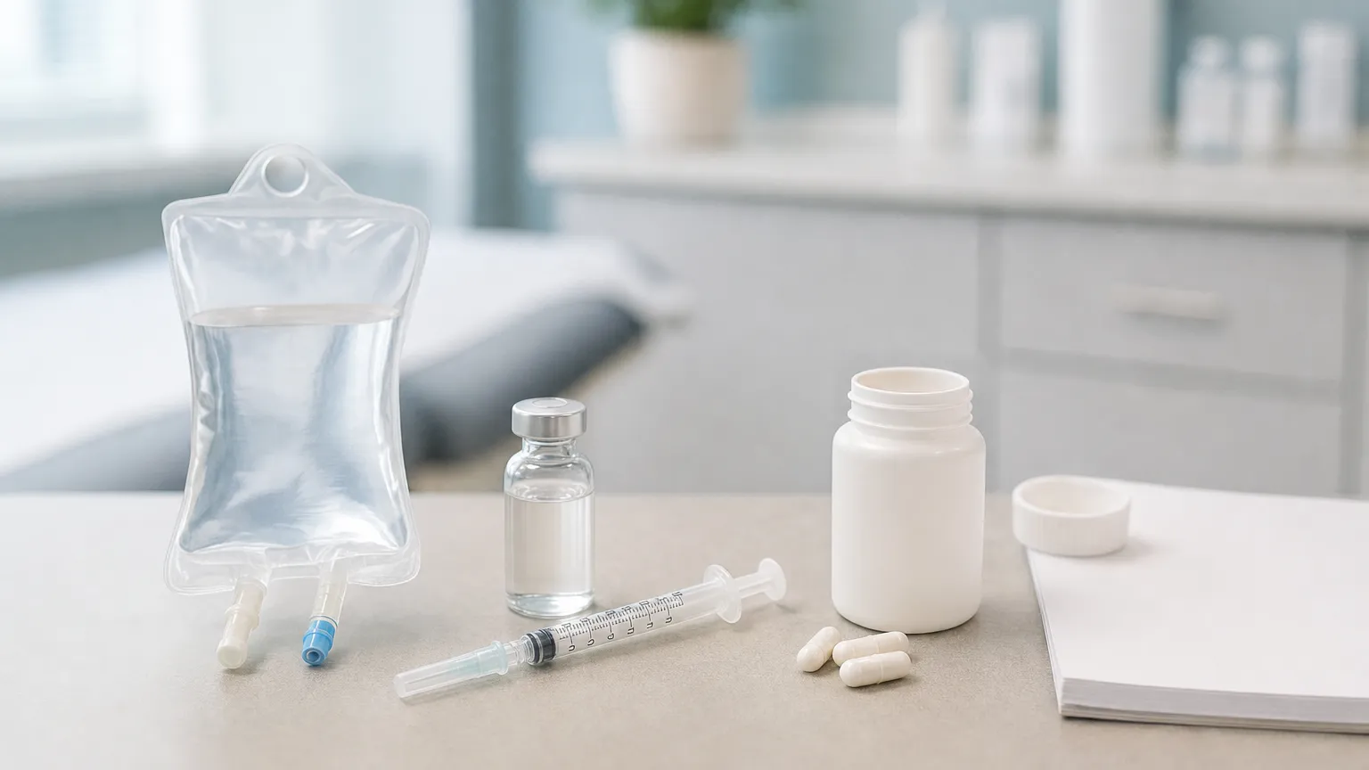 IV drip bag, small syringe and vial, and an open bottle of capsules beside a blank notepad.