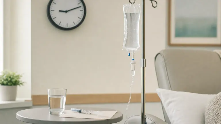 IV drip bag next to a reclining clinic chair, a small syringe, a glass of water and a wall clock.
