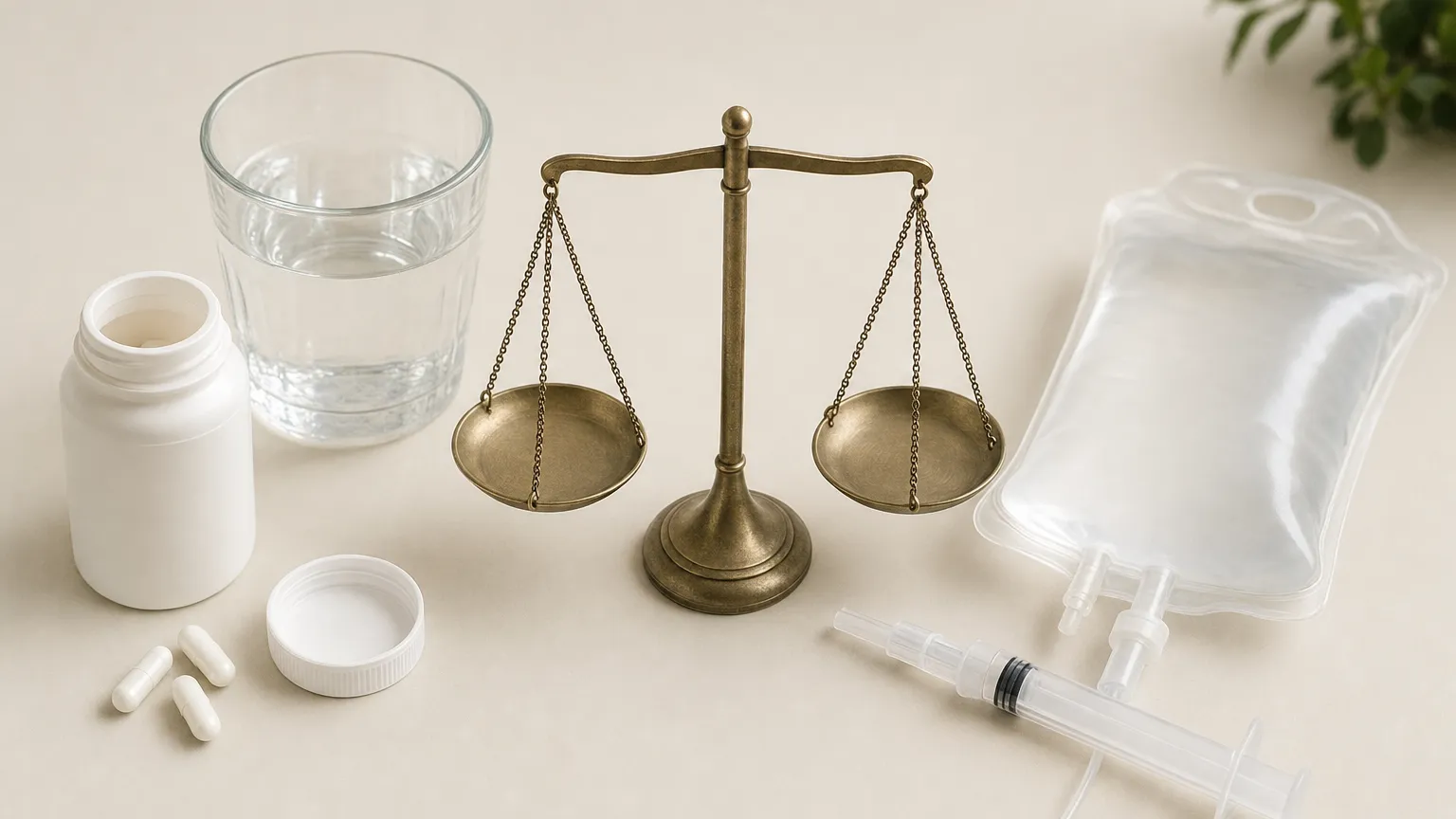Bottle of capsules and a glass of water on one side, an IV bag and syringe on the other.
