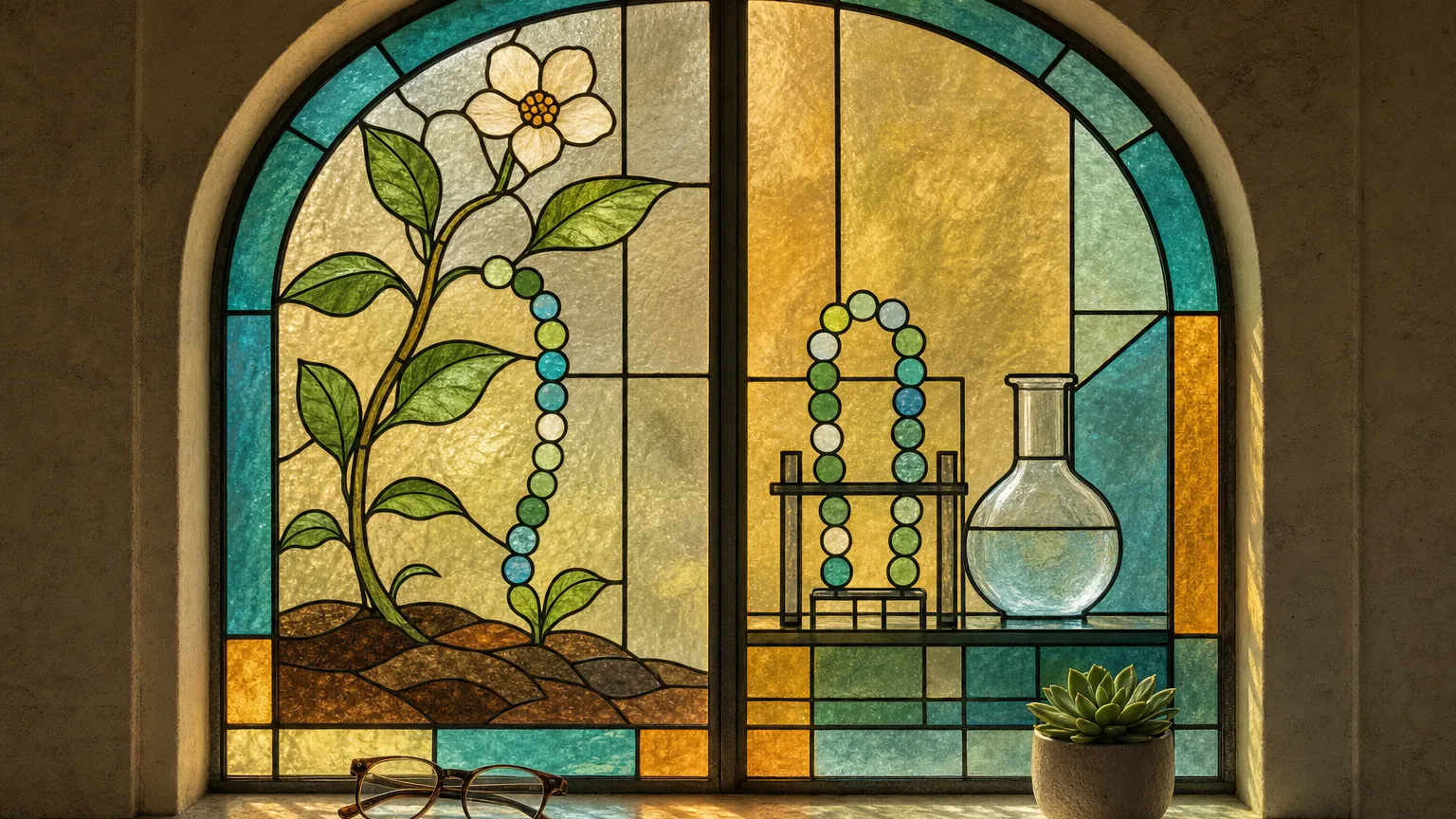 Stained-glass window with a bead chain growing from a vine on one side and a lab rack on the other