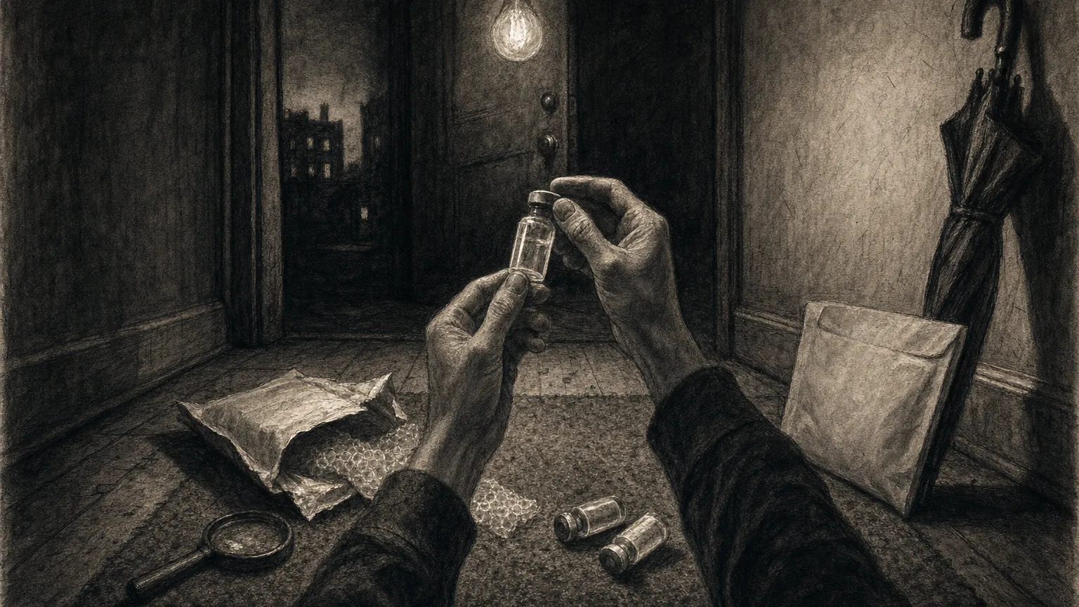 Charcoal drawing of hands holding a small vial above an opened padded mailer on a doormat.