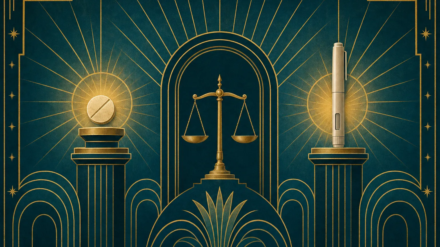 Art Deco poster of a tablet and a capped injection pen on matching pedestals under a golden sunburst
