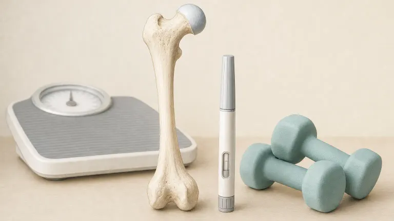 Illustrated thigh bone next to an injection pen, light hand weights and a bathroom scale.