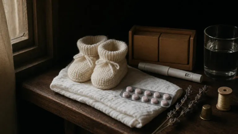 Baby booties on muslin beside a pill blister pack, a blank calendar block and a capped injection pen in window light.
