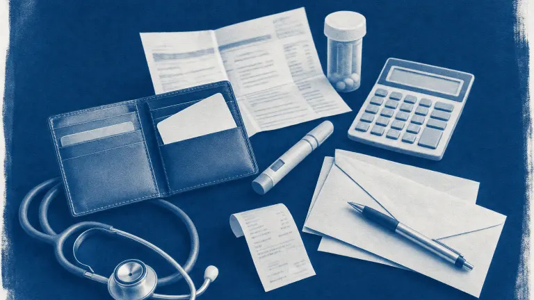Cyanotype of an open wallet with a blank insurance card, receipt, envelopes, calculator, capped pen and stethoscope