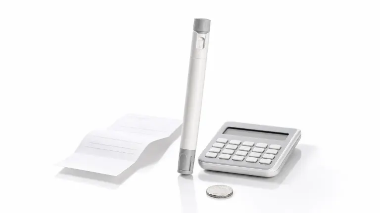 A medication pen beside a blank receipt, a calculator and a coin on a white background
