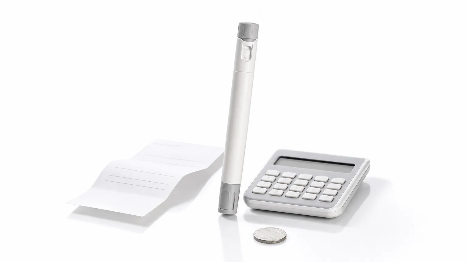 A medication pen beside a blank receipt, a calculator and a coin on a white background