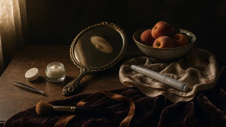 Dark still life of an antique hand mirror, a moisturizer jar, peaches, a hairbrush and a capped injection pen on silk.