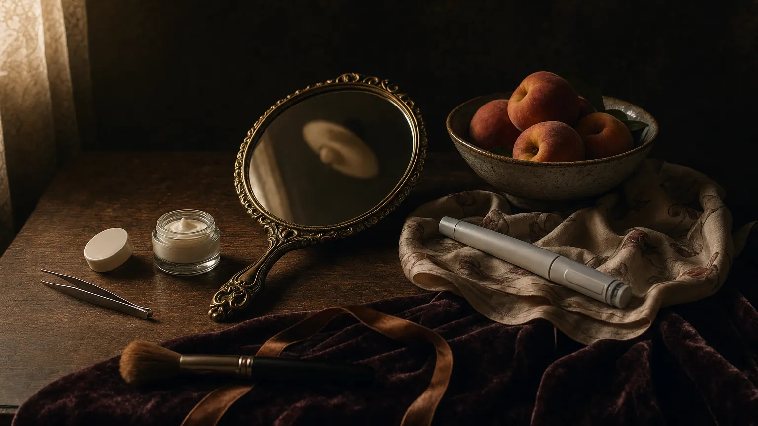 Dark still life of an antique hand mirror, a moisturizer jar, peaches, a hairbrush and a capped injection pen on silk.