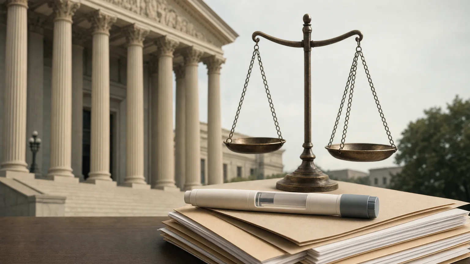 Courthouse columns behind a desk with file folders, an injection pen and a balance scale.