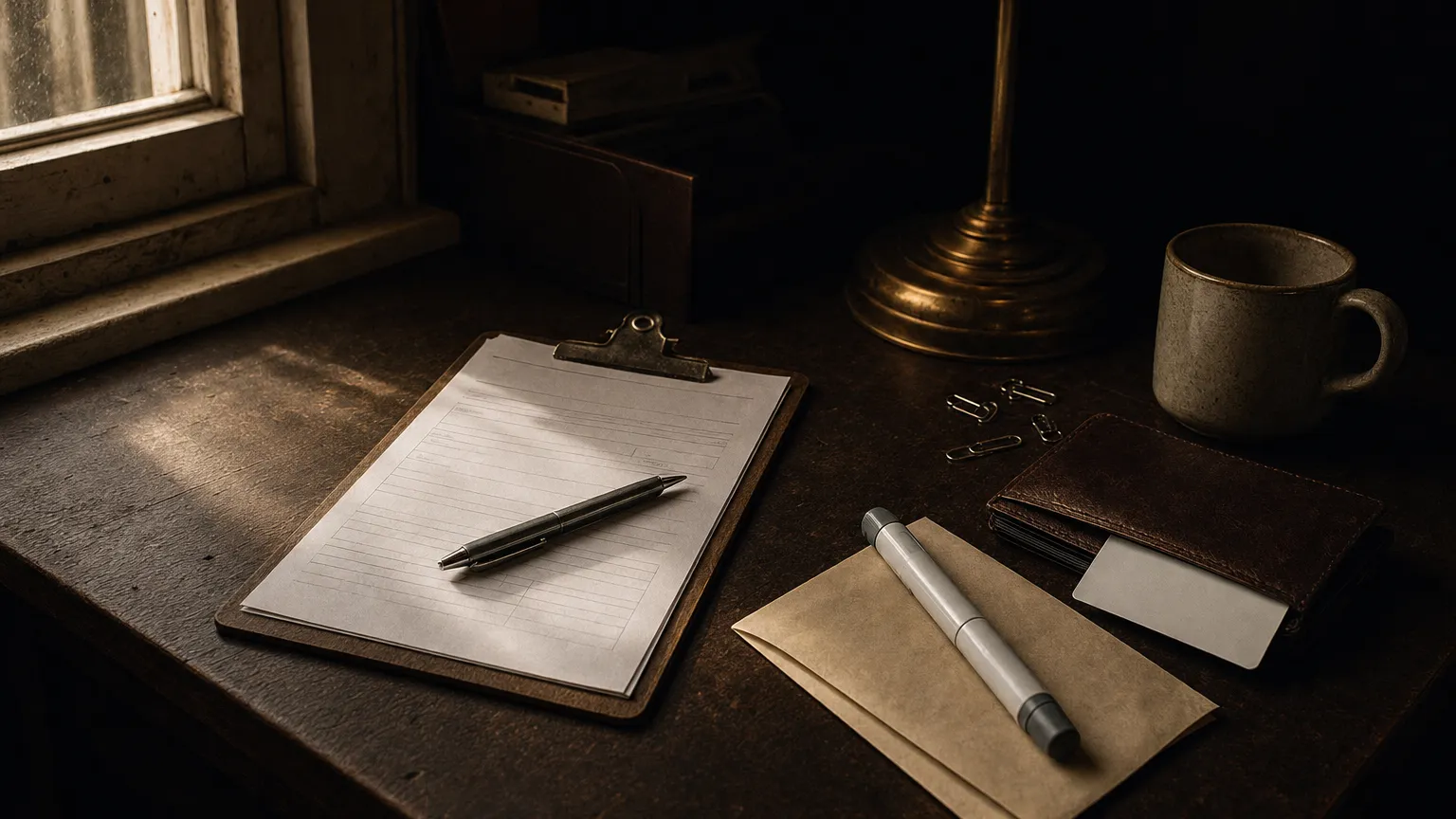 Dark desk with a clipboard and blank form, a pen, a capped injection pen, an envelope and a wallet.