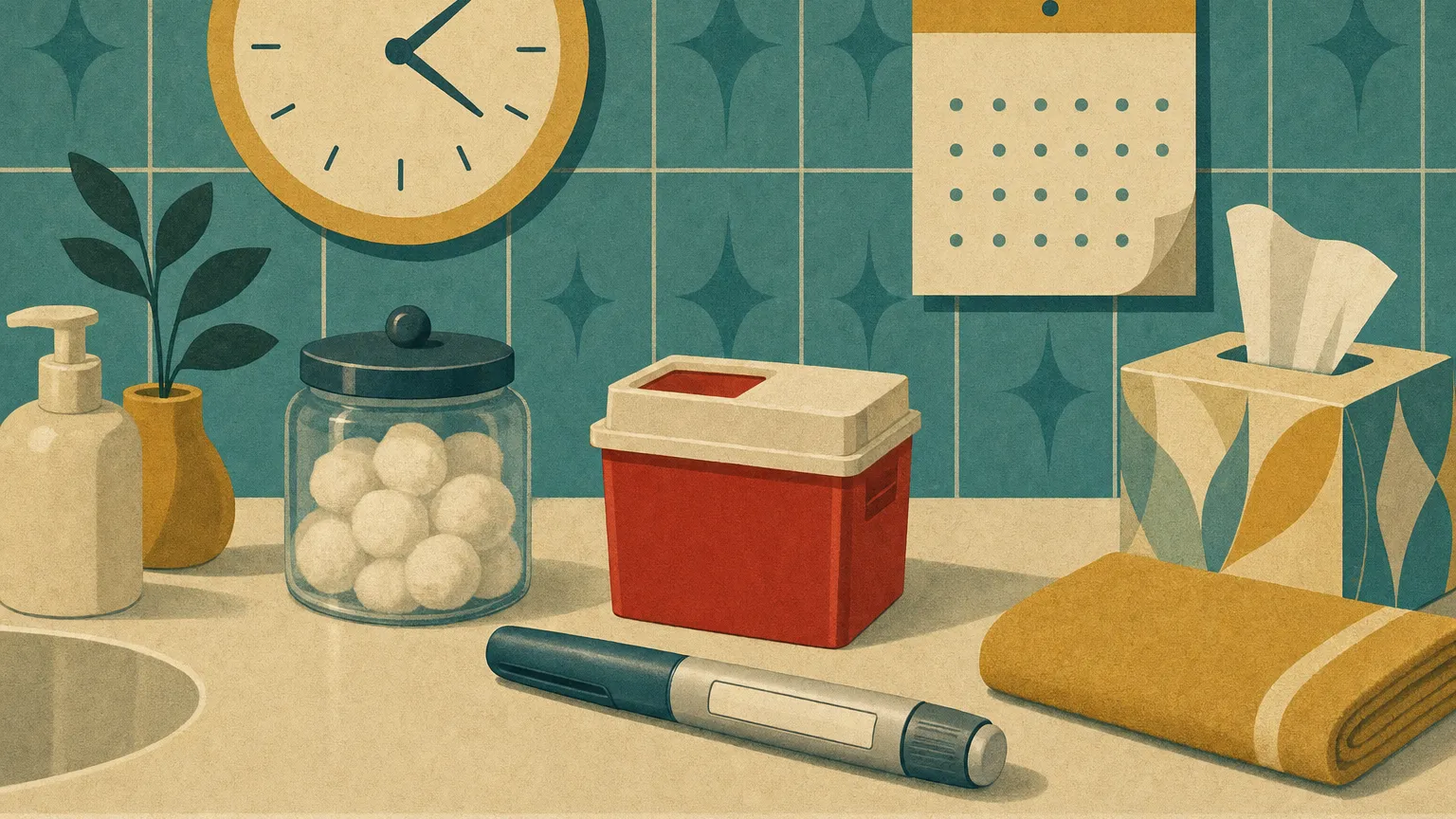 A capped injection pen beside a sharps disposal container and a small calendar on a bathroom counter.