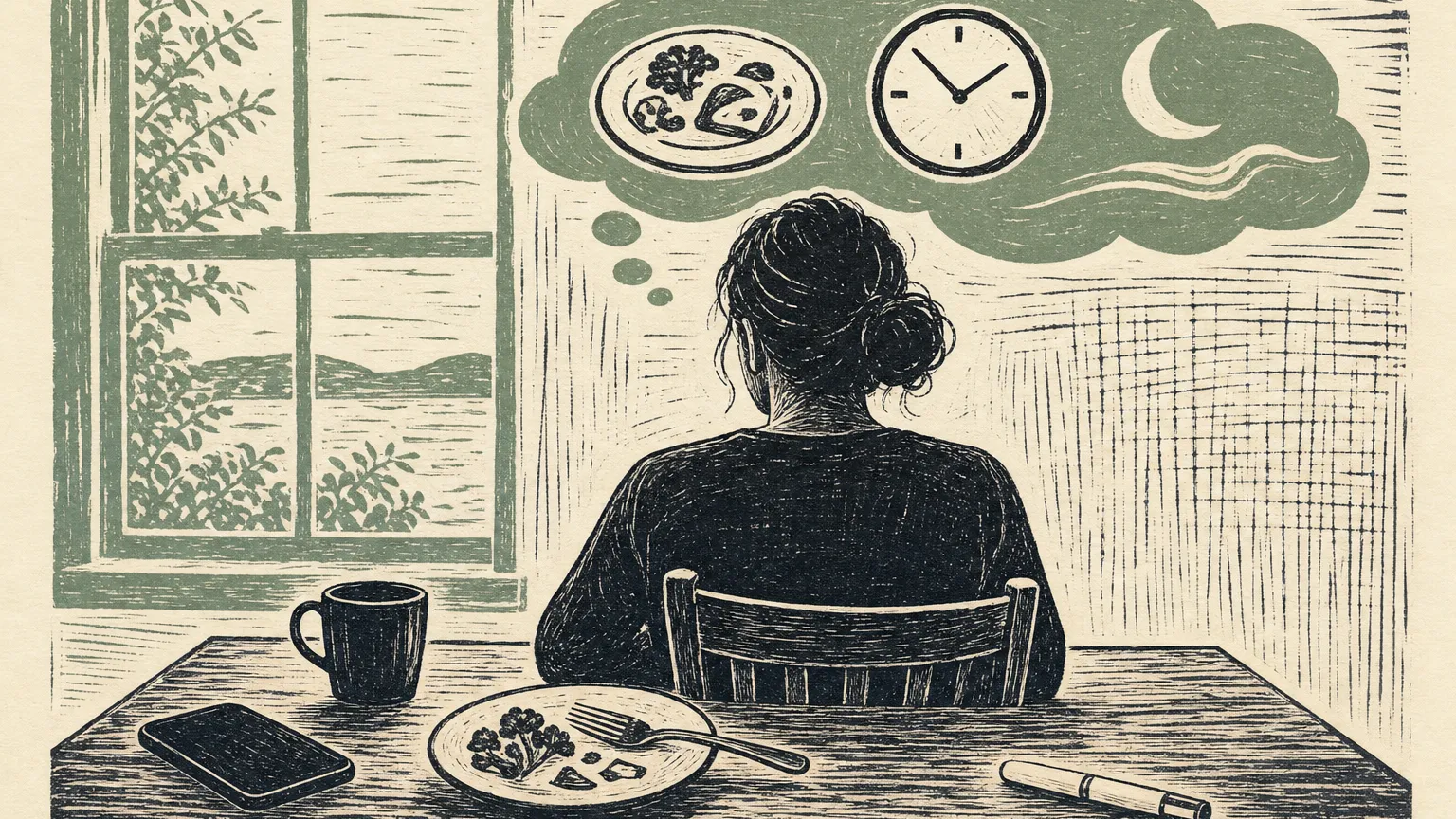 Linocut of a seated person from behind at a table, with a thought cloud of plate, clock, moon and wave