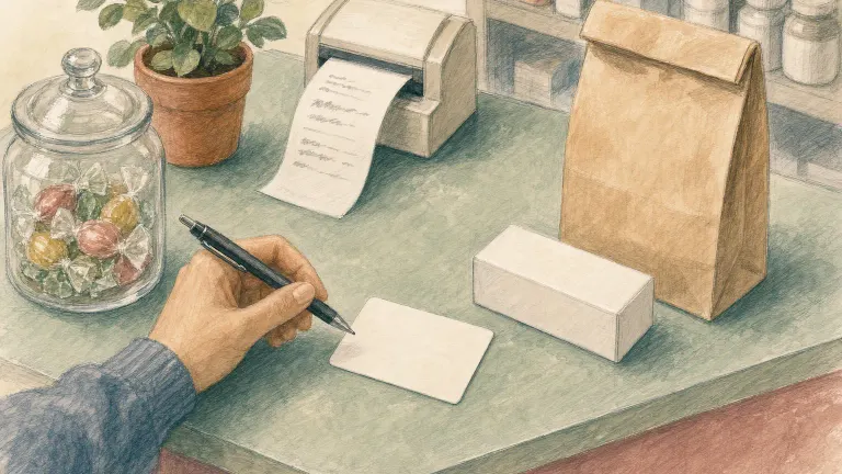 A blank savings card, a medication box and a receipt on a pharmacy checkout counter.