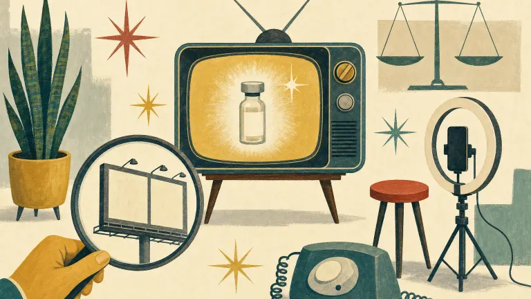 Mid-century style illustration of a vintage television, a phone on a ring light and a hand with a magnifying glass.