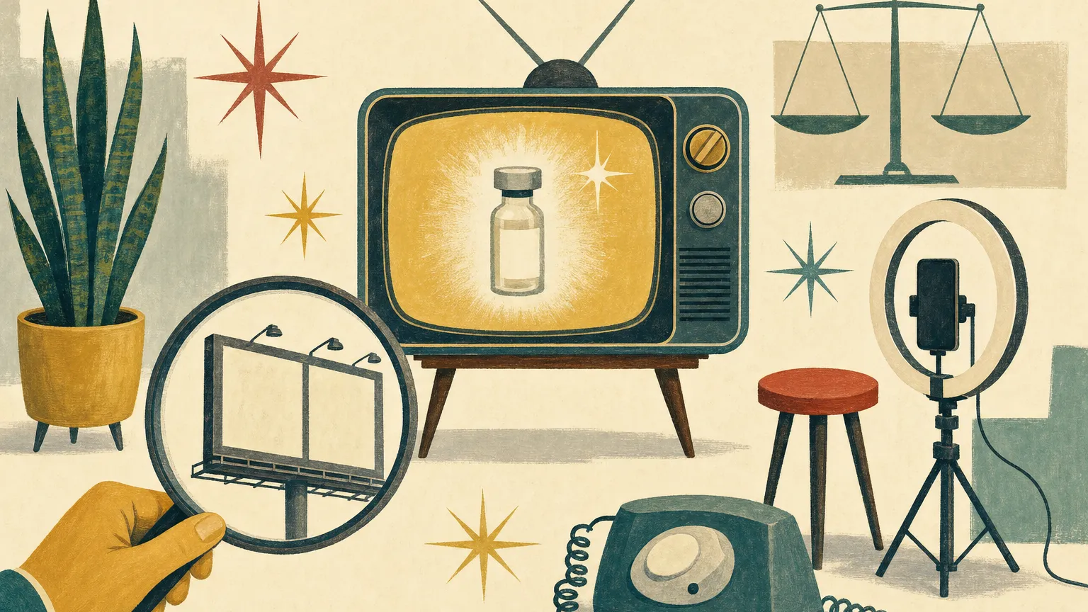 Mid-century style illustration of a vintage television, a phone on a ring light and a hand with a magnifying glass.