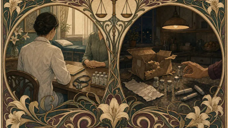 Art Nouveau split scene of an orderly clinic desk beside a cluttered kitchen counter with unlabeled vials.