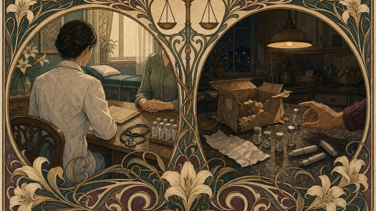 Art Nouveau split scene of an orderly clinic desk beside a cluttered kitchen counter with unlabeled vials.