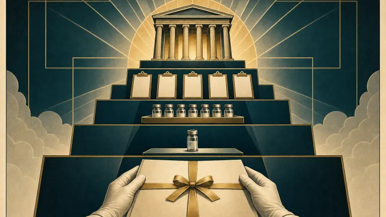 Art Deco poster of a four-tier stepped staircase with vials and clipboards rising to a columned government building.