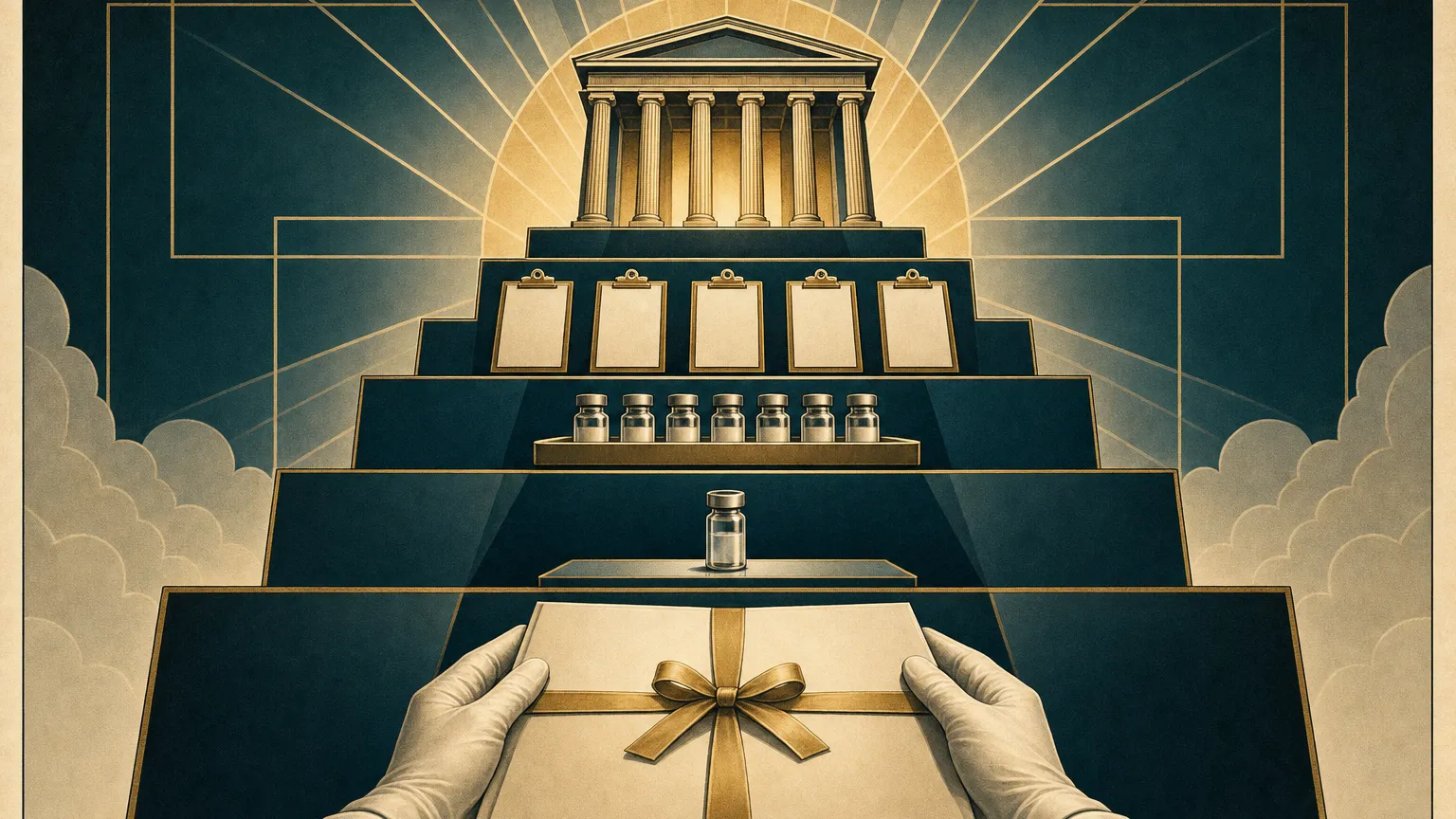 Art Deco poster of a four-tier stepped staircase with vials and clipboards rising to a columned government building.