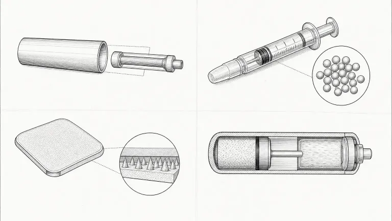 Patent-style ink drawing of an implant rod, depot syringe with microspheres, microneedle patch and miniature pump.