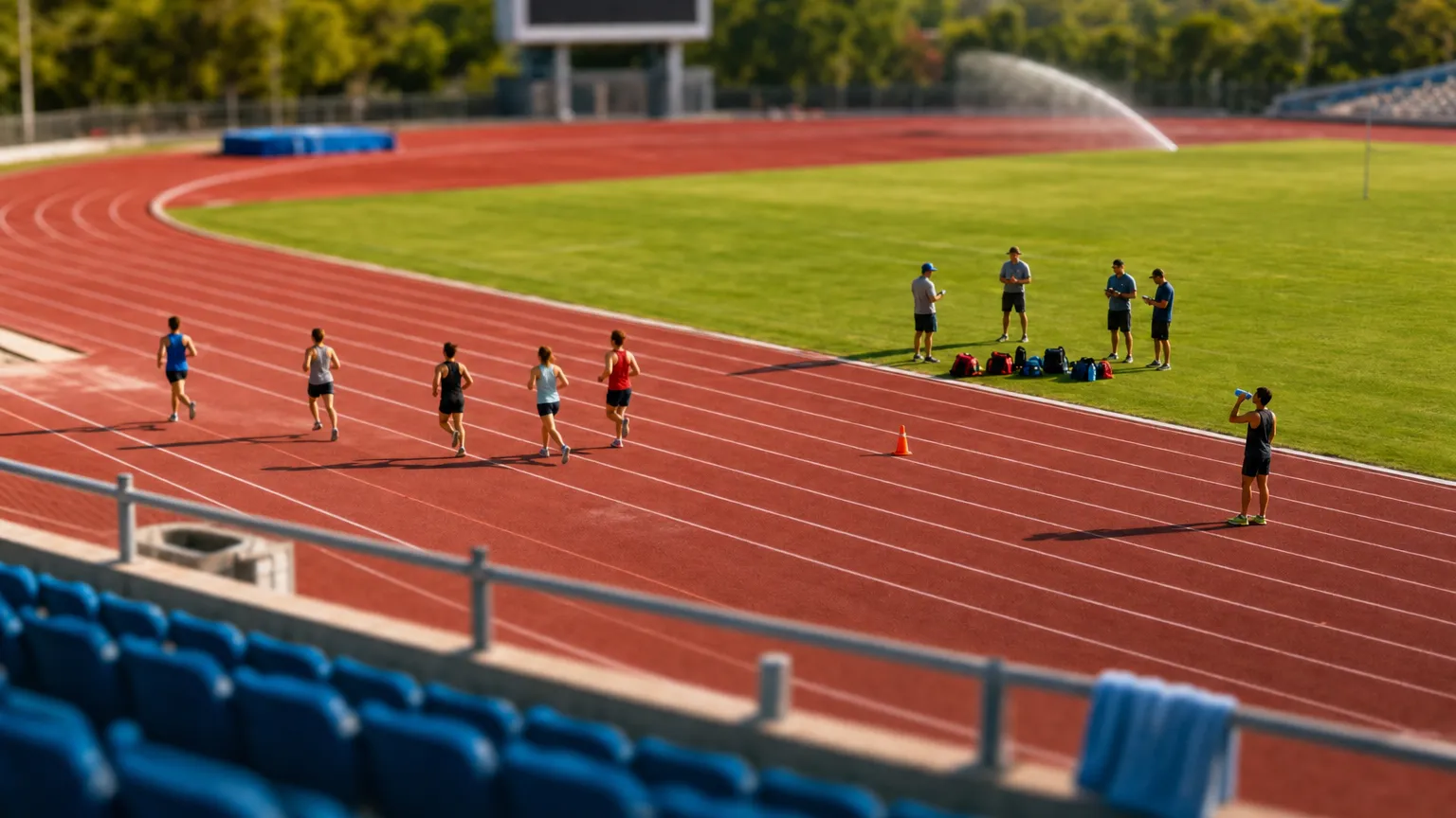Tilt-shift view of runners on a stadium track with coaches and kit bags on the infield.