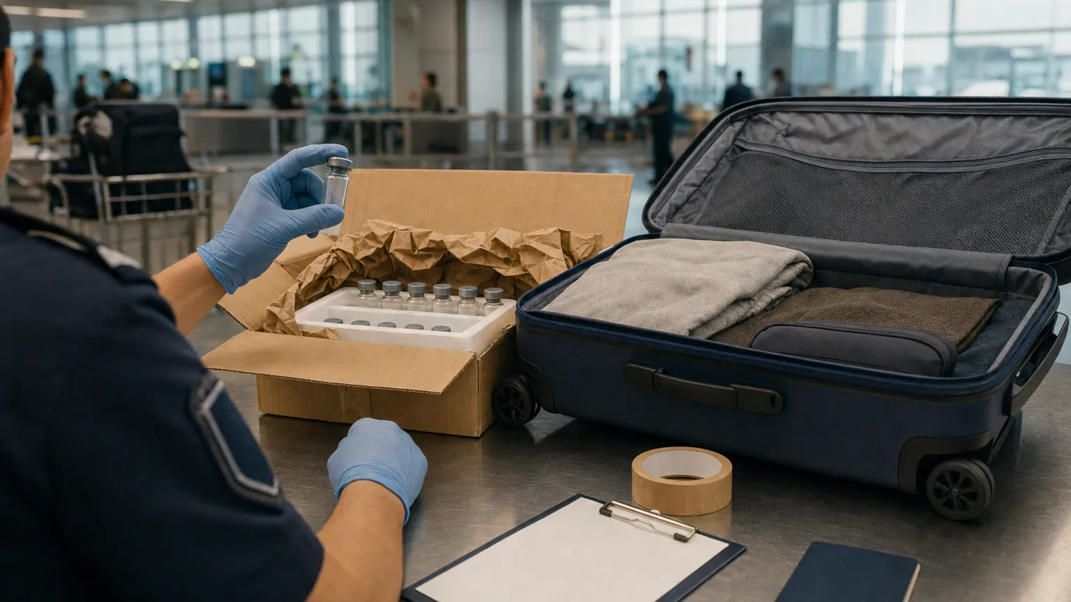 Film photo of a customs table with an opened parcel of small vials, an open suitcase and gloved hands.