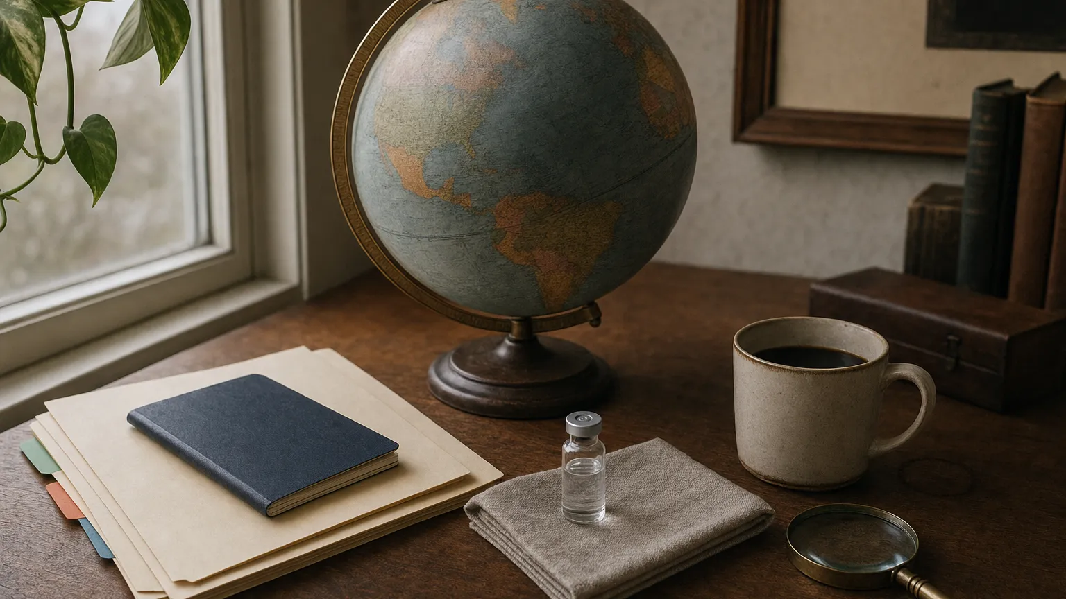 Desk by a window with a faded globe, closed passport, manila folders, small vial and magnifying glass.
