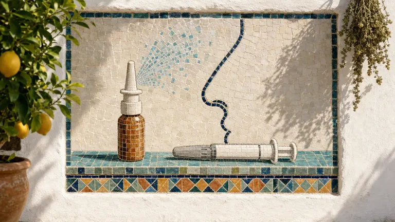 Tile mosaic of a nasal spray bottle releasing mist beside a capped syringe on a sunny wall