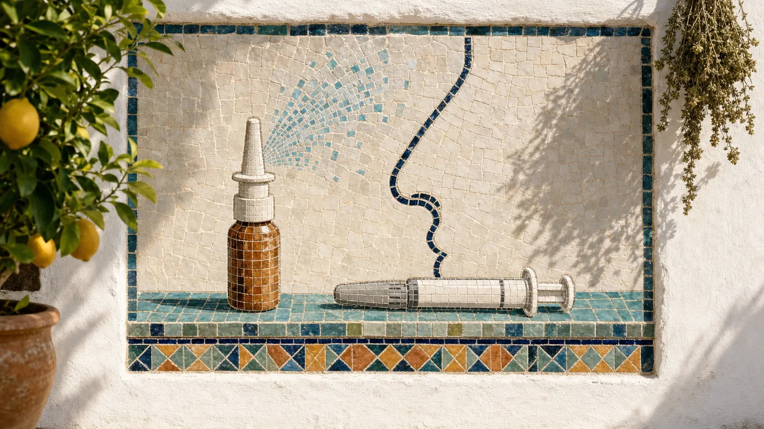 Tile mosaic of a nasal spray bottle releasing mist beside a capped syringe on a sunny wall