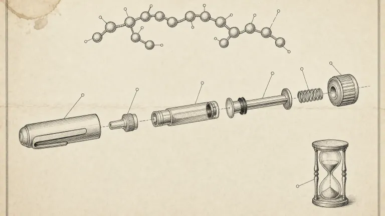 Patent-style ink drawing of an exploded injection pen, a beaded peptide chain and an hourglass.