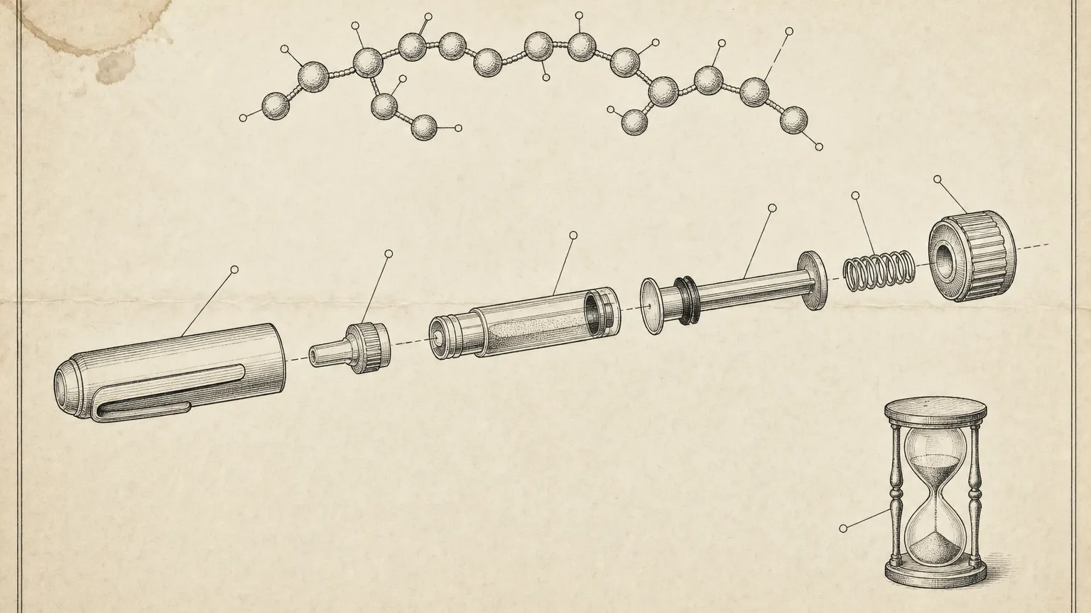 Patent-style ink drawing of an exploded injection pen, a beaded peptide chain and an hourglass.