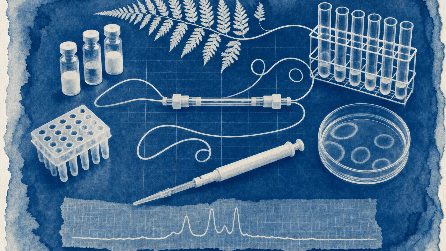 Blue cyanotype print of a chromatography column, vials, test tubes and a Petri dish arranged like a specimen sheet.