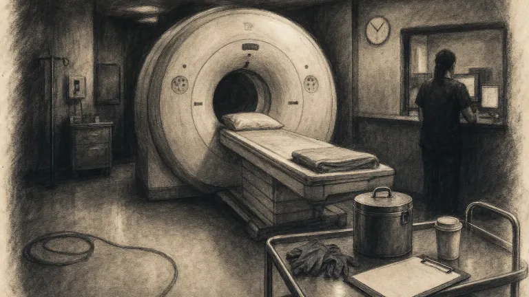 Charcoal drawing of a PET scanner with an empty bed and a shielded syringe carrier on a cart.