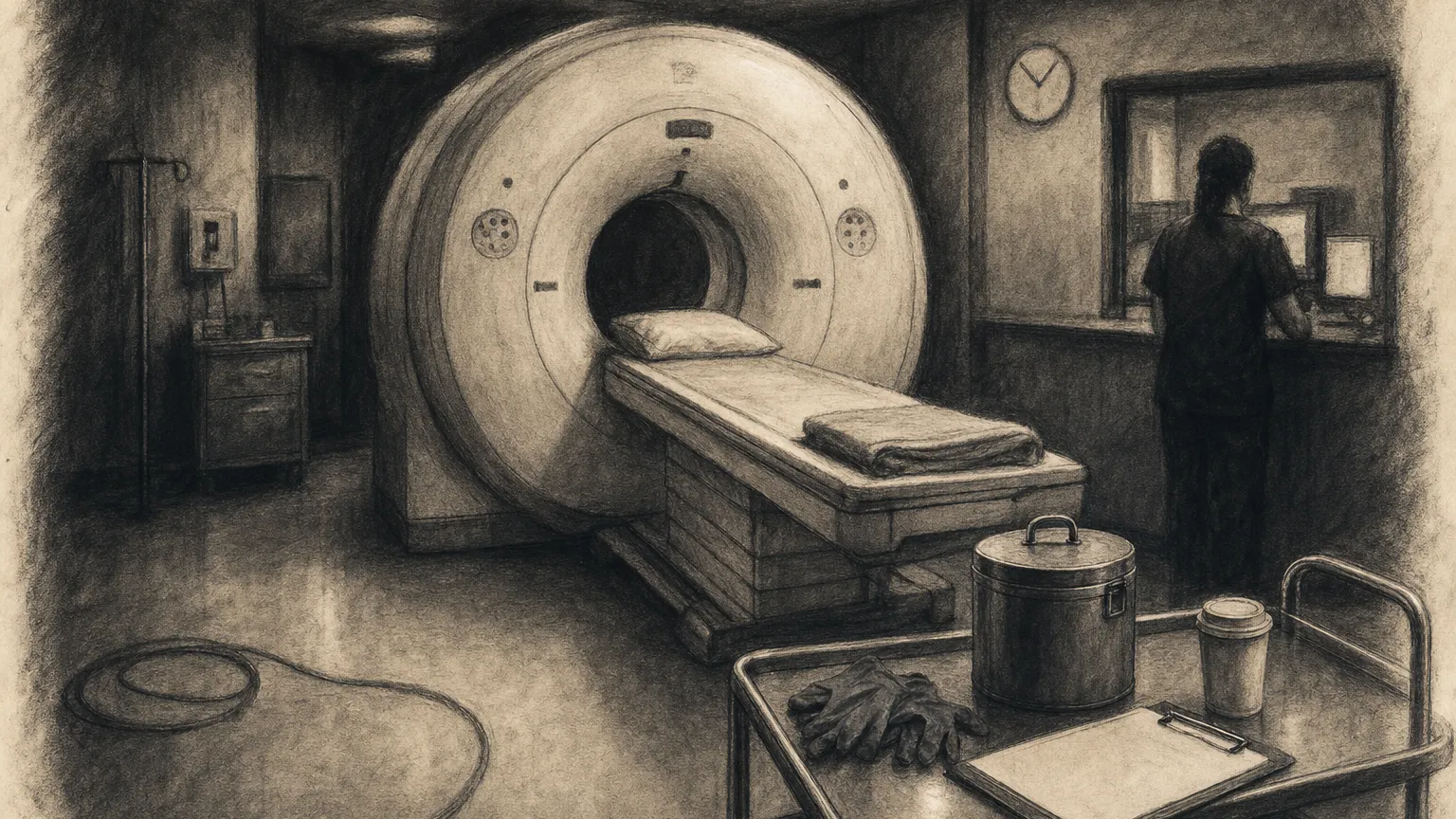 Charcoal drawing of a PET scanner with an empty bed and a shielded syringe carrier on a cart.