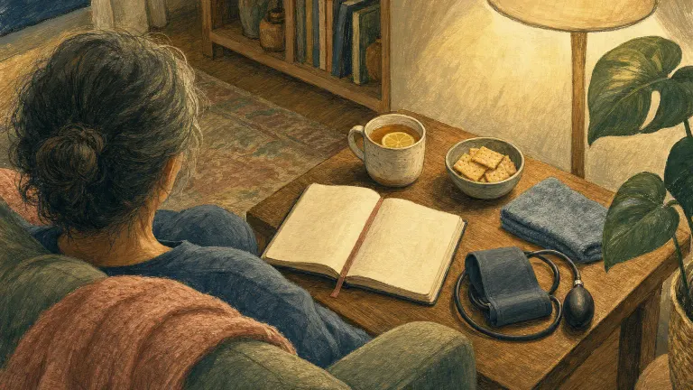 Illustrated side table with a notebook, ginger tea, crackers, a cool washcloth and a blood pressure cuff