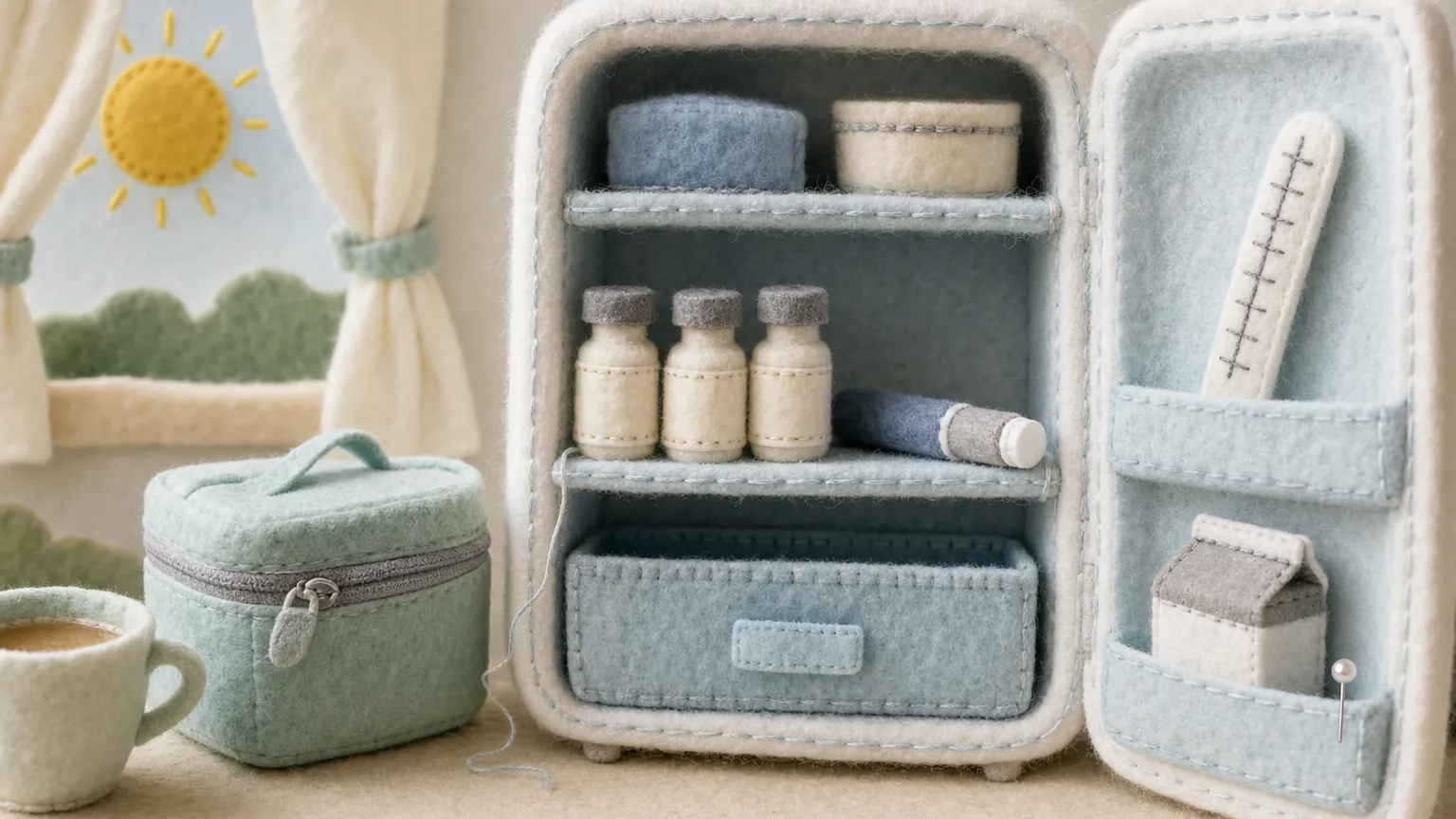 Felt diorama of an open refrigerator holding tiny vials and a pen, with a cooler bag nearby.