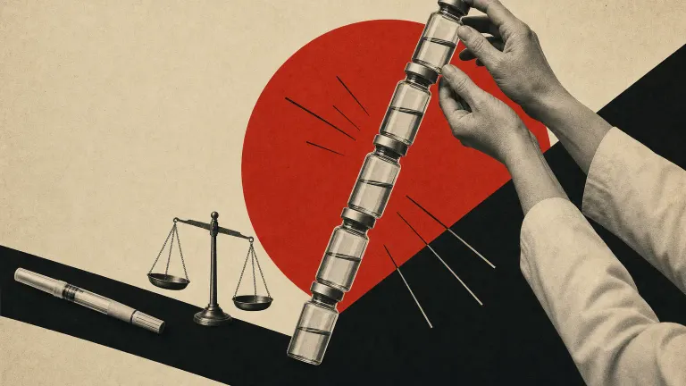 Constructivist-style poster of a leaning stack of glass vials, a syringe and an uneven scale