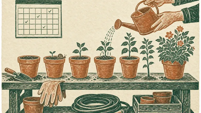 Linocut of a potting bench with six pots of plants growing taller from left to right under a blank calendar.