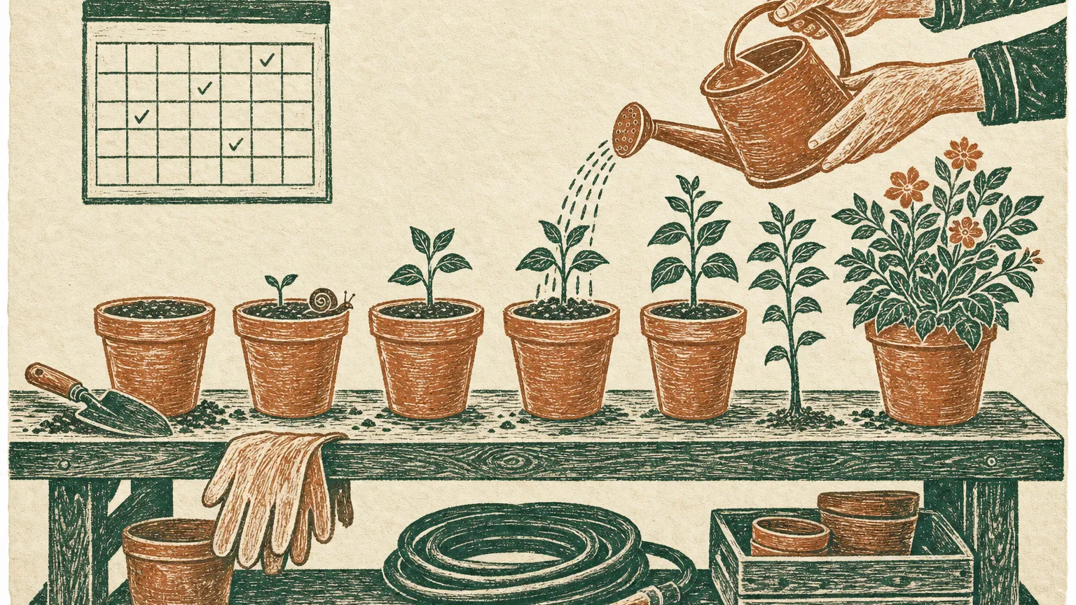 Linocut of a potting bench with six pots of plants growing taller from left to right under a blank calendar.