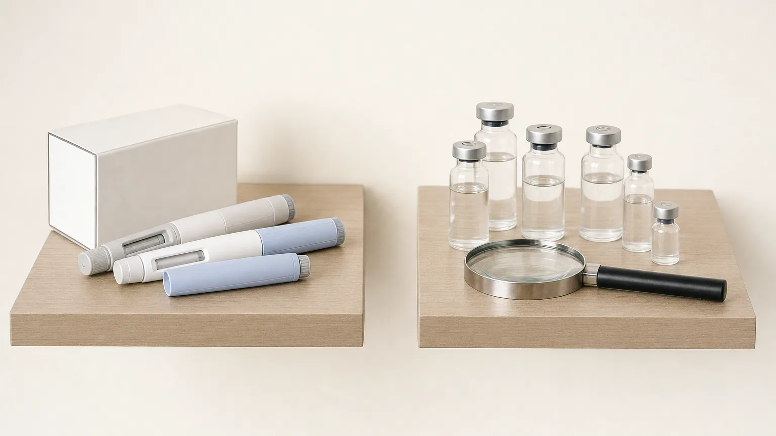 Two shelves, one with prescription injection pens and one with unlabeled vials beside a magnifying glass.