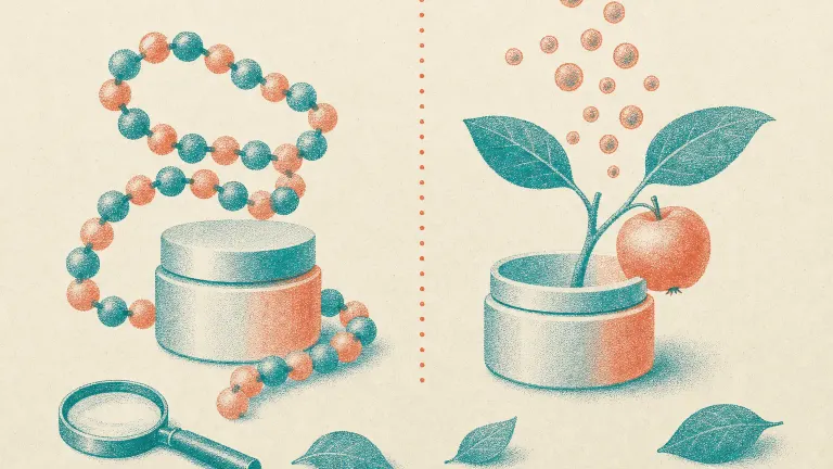 Risograph print of a jar wrapped in a bead chain beside a jar sprouting an apple branch