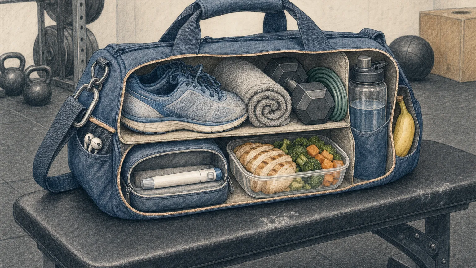Colored-pencil cutaway of a gym bag holding shoes, a dumbbell, a water bottle, a meal and a capped pen.