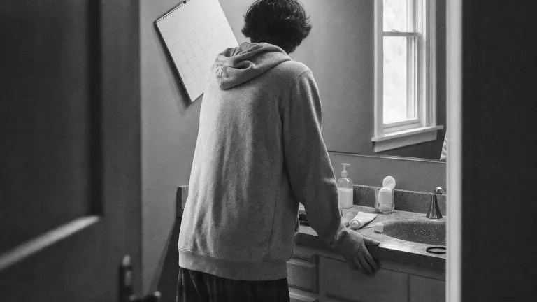 Black-and-white photo of a person from behind at a bathroom counter with cleanser and acne cream