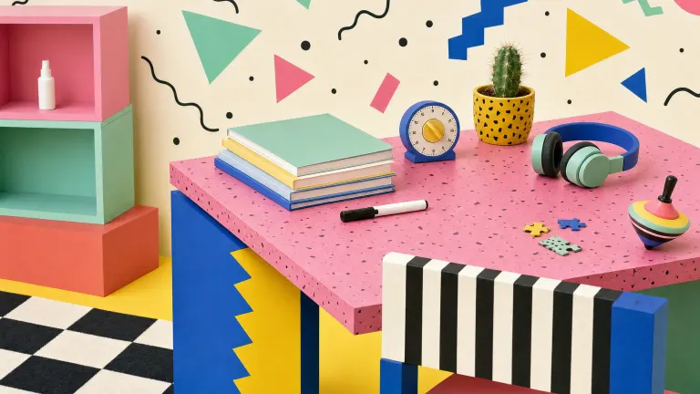 Memphis-style illustration of a busy child's desk with workbooks, a timer and a small spray bottle on a shelf.